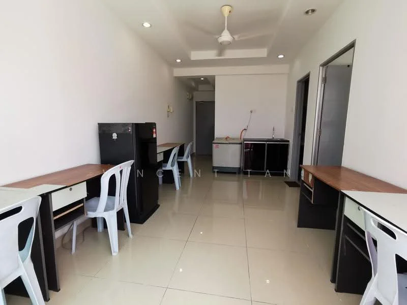 Room features: white painted walls, glossy tile flooring, ceiling fan, two study desks with chairs, black refrigerator, stainless-steel sink, kitchen cabinetry, wall-mounted electrical outlets, bright overhead lighting; style: modern.