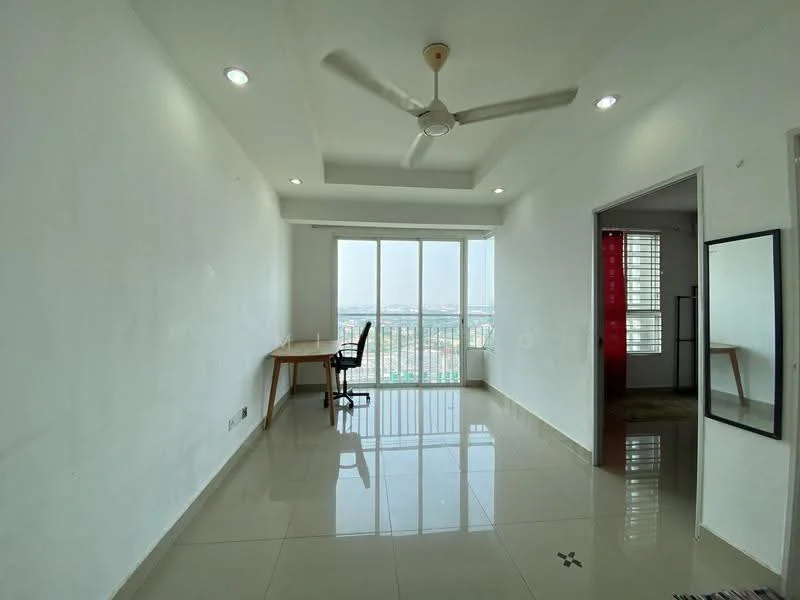 Room features: white painted walls, glossy ceramic tile flooring, tray ceiling, recessed downlights, 5-blade ceiling fan, floor-to-ceiling windows, desk with chair, mirror on wall, city view; style: modern; view: city.