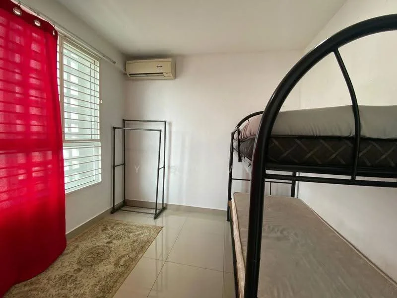 Bedroom features: bunk bed with black metal frame, single mattress on top bunk, single mattress on bottom bunk, white painted walls, grey tiled flooring, floor-to-ceiling window with white blinds, red curtains, wall-mounted split AC, area rug with geometric pattern, clothes rack; style: modern.