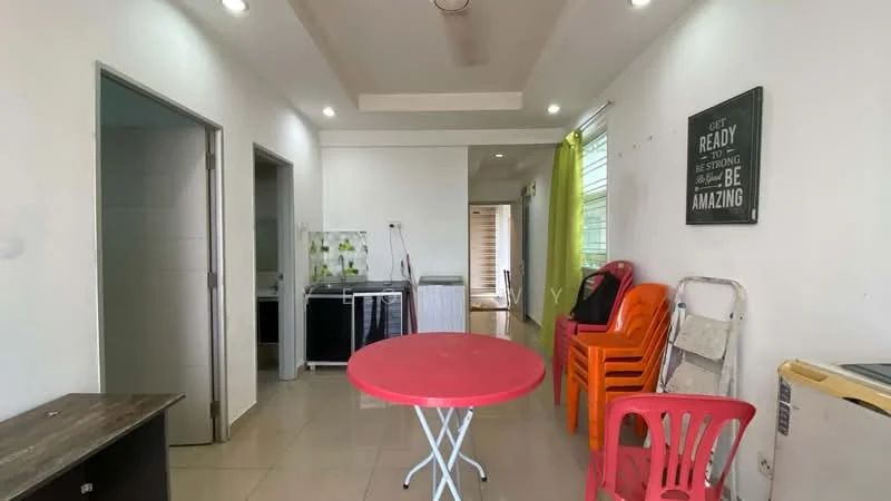 Room features: white painted walls, tile flooring, recessed downlights, ceiling fan, red plastic chairs, round dining table in red, kitchen area visible, window with sheer curtains, open layout, doorway leading to another room, laundry area with washing machine, storage cabinet; style: modern.