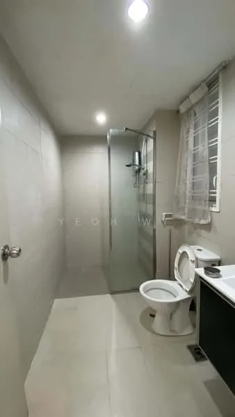 Bathroom features: white ceramic toilet, glass shower enclosure, rain shower head, single-sink vanity with black cabinet, mirror above vanity, light grey tiled walls, light grey tiled flooring, window with sheer curtains, recessed LED downlights; style: modern.