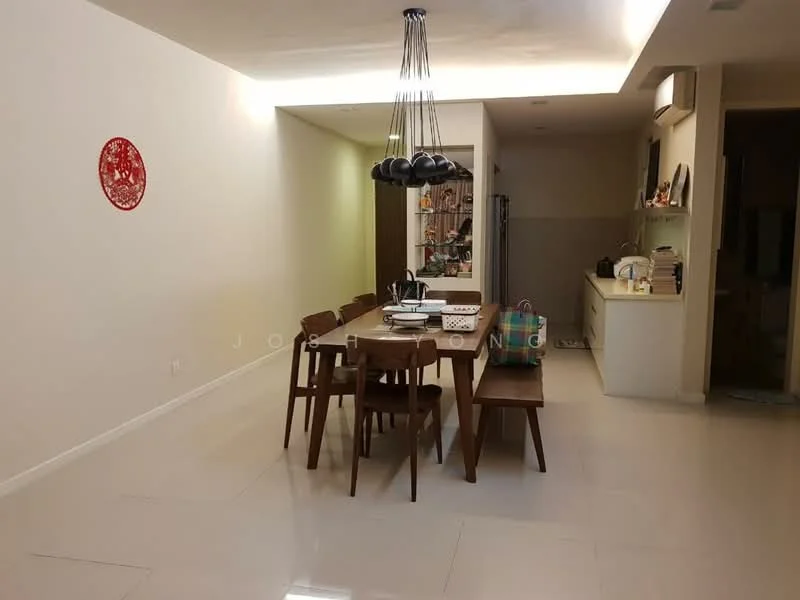 Dining features: rectangular wooden dining table, 6 wooden dining chairs, wooden bench seating, black pendant light fixture, white painted walls, glossy white tile flooring, recessed ceiling lighting, open layout to kitchen, decorative wall art, kitchen area visible in background; style: modern.