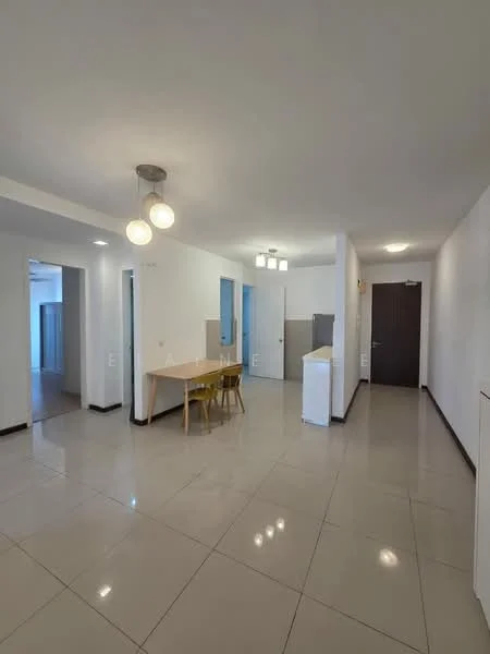 Room features: white painted walls, glossy tile flooring, ceiling lights, dining table with four chairs, open layout, doorway leading to other rooms, kitchenette area visible, neutral color scheme; style: modern.