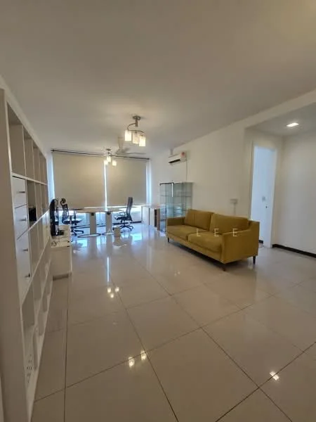Living features: cream painted walls, white ceiling, recessed downlights, 5-blade ceiling fan, large windows with sheer curtains, polished ceramic tile flooring, yellow fabric sofa, glass dining table with chairs, TV console, open shelving unit, air conditioning unit; style: modern.