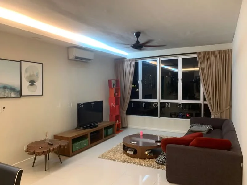 Living features: 3-seater fabric sofa in grey, red accent chair, round coffee table, TV console, wall-mounted TV, area rug, floor-to-ceiling windows, sheer curtains, ceiling fan, recessed LED downlights, decorative wall art, wooden side table, air conditioning unit; style: modern; view: city.