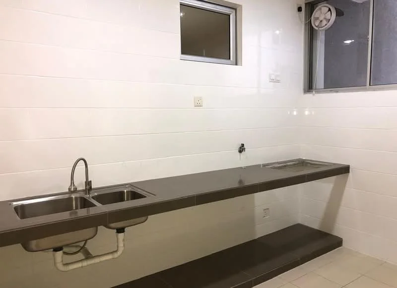 Kitchen features: double-bowl stainless-steel sink, chrome pull-down faucet, grey countertop, white tiled walls, window with sliding glass, wall-mounted exhaust fan, tile flooring, open shelving below countertop; style: modern.