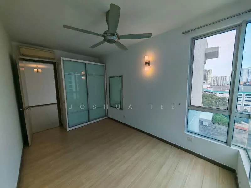 Bedroom features: light wood laminate flooring, white painted walls, 5-blade ceiling fan with light, floor-to-ceiling windows, sliding glass wardrobe, wall-mounted sconce lighting, window with city view, door leading to hallway; style: modern; view: city.