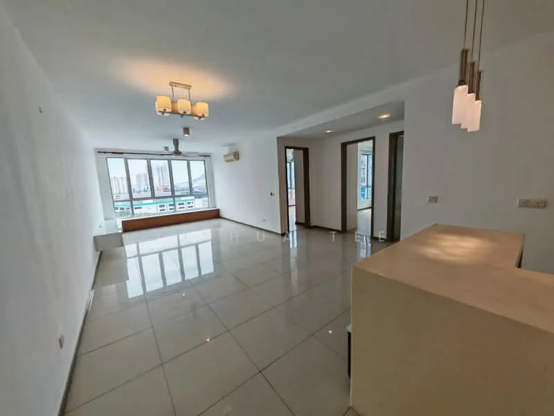 Living features: white painted walls, glossy ceramic tile flooring, recessed downlights, 5-blade ceiling fan, large floor-to-ceiling windows, sliding glass door, window seat, air conditioning unit, open layout, neutral color palette, pendant lighting, built-in cabinetry; style: modern; view: city.