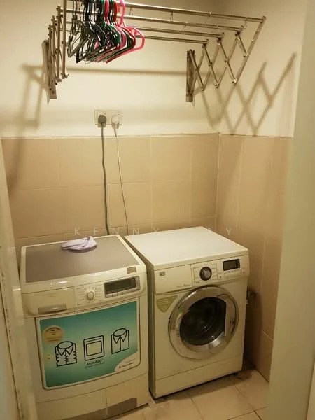 Laundry features: top-load washing machine, front-load washing machine, folding drying rack, beige tiled walls, beige tiled flooring, electrical outlets, hanging space for clothes.