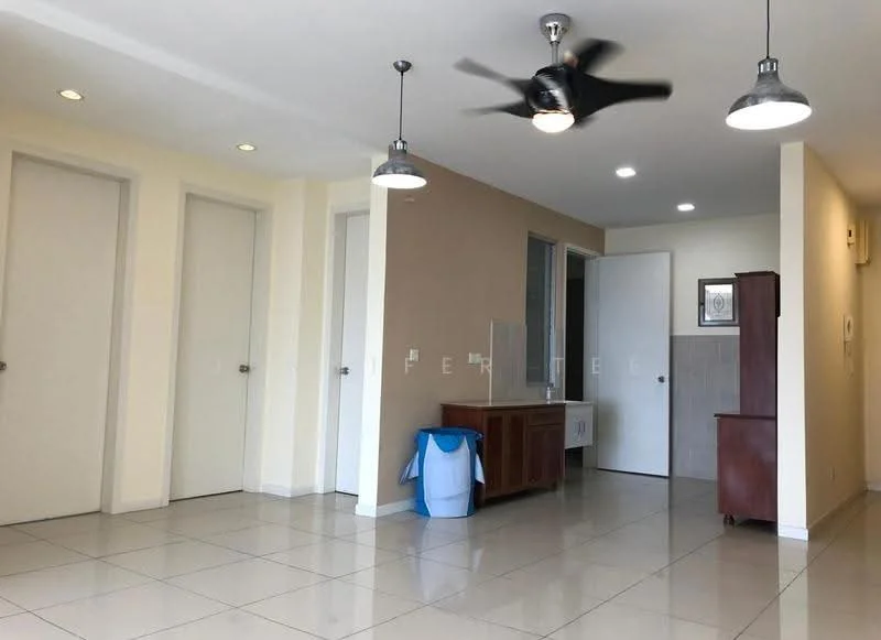 Living features: white painted walls, cream accent wall, polished ceramic tile flooring, 5-blade ceiling fan with light, recessed downlights, two closed doors, one open door, wooden sideboard, blue trash bin; style: modern.