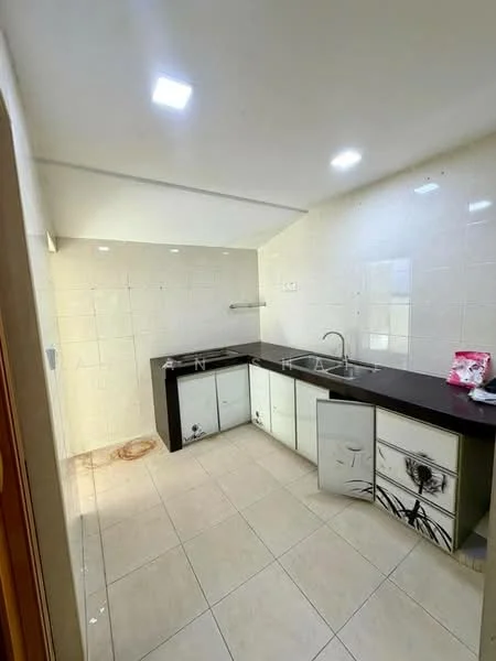 Kitchen features: black countertop, white cabinetry with floral design, single-bowl stainless-steel sink, chrome faucet, ceramic tile flooring, white tiled walls, recessed LED downlights, wall-mounted shelf; style: modern.