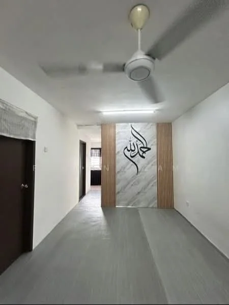 Room features: white painted walls, wood accent wall with vertical slats, marble feature wall with decorative design, grey vinyl flooring, ceiling fan, LED ceiling lights, doorway leading to another room, window with sheer curtains; style: modern.