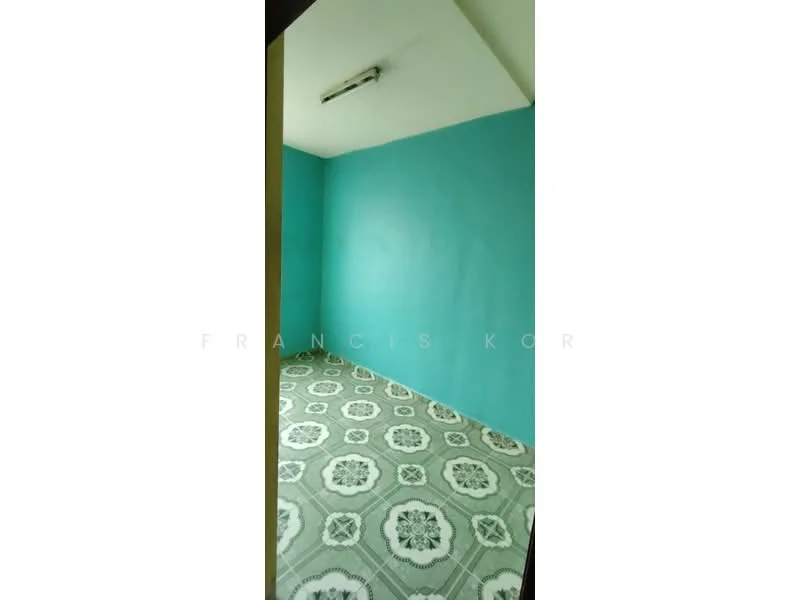 Room features: turquoise painted walls, patterned tile flooring, ceiling light fixture, sloped ceiling.