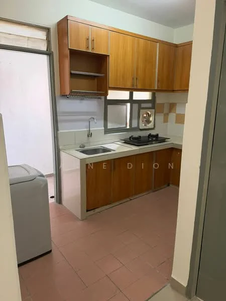 Kitchen features: wood cabinetry in light brown, white countertop, single-bowl stainless-steel sink, chrome pull-down faucet, 4-burner gas hob, built-in oven, white tiled backsplash, pink ceramic tile flooring, window with metal frame, washing machine, open shelving, wall-mounted storage rack; style: modern.