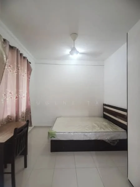 Bedroom features: white painted walls, ceiling fan, tile flooring, queen-size bed frame, mattress, wooden desk, black chair, curtains with floral pattern.