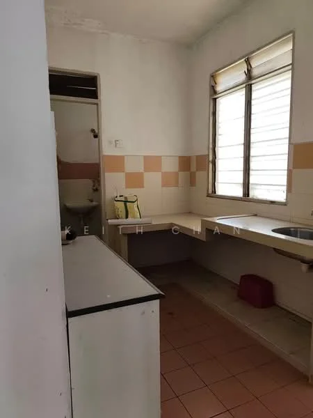 Kitchen features: white walls, tile flooring in beige, window with horizontal slats, single-bowl sink, countertop with beige tiles, cupboard under counter, open shelving, kitchen area with minimal decor.