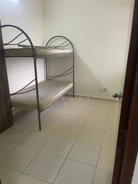 Room features: bunk bed with metal frame, twin-size mattress on top bunk, twin-size mattress on bottom bunk, cream painted walls, tile flooring, single door, window with natural light; style: minimalist.