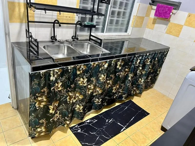 Kitchen features: double-bowl stainless-steel sink, chrome pull-down faucet, black granite countertop, yellow ceramic tile backsplash, black and white marble-patterned flooring, floral-patterned curtain, metal shelving unit above sink, washing machine visible; style: modern.