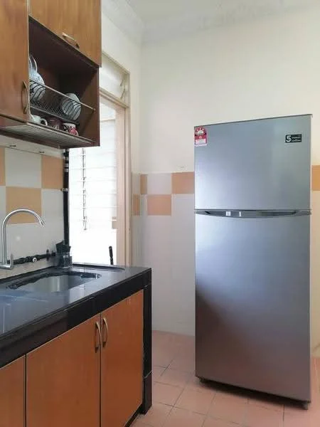 Kitchen features: single-bowl stainless-steel sink, chrome pull-down faucet, black granite countertop, wood cabinetry with brown finish, stainless-steel fridge, tile backsplash with beige and white pattern, ceramic tile flooring, window with metal grille; style: modern.