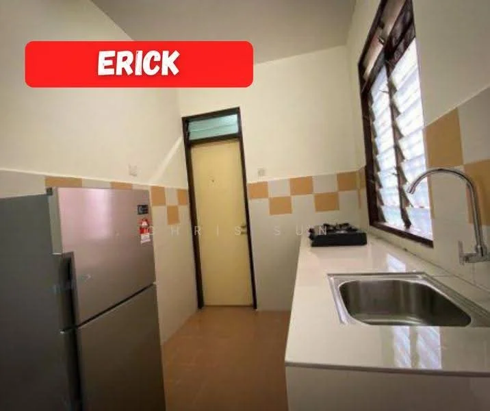 Kitchen features: stainless-steel sink, chrome pull-down faucet, built-in gas stove, double-door fridge, cream and orange tiled backsplash, white countertop, cream painted walls, tile flooring; style: modern.