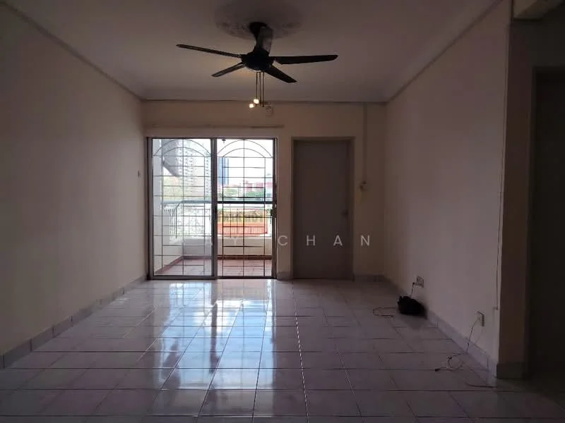 Living features: white painted walls, glossy ceramic tile flooring, 5-blade ceiling fan with light, sliding glass door, floor-to-ceiling windows, natural light, balcony access, neutral color scheme; view: city.