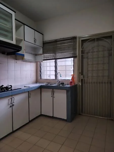 Kitchen features: white cabinetry with flat-panel doors, grey countertop, single-bowl stainless-steel sink, chrome pull-down faucet, gas stove with 2 burners, tile backsplash, window with blinds, floor tiles in beige, metal security door.