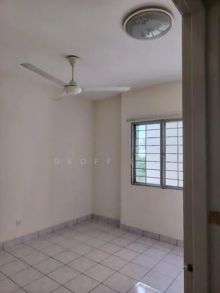 Room features: white painted walls, ceiling fan, tile flooring, square ceiling light, sliding windows with metal grills, corner window, neutral color scheme, no visible furniture.