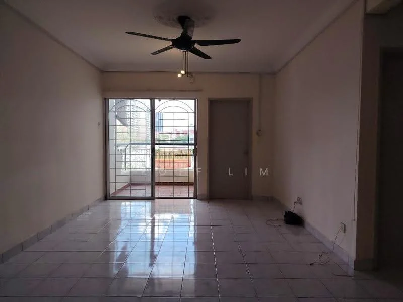 Living features: white painted walls, glossy ceramic tile flooring, 5-blade ceiling fan with light, floor-to-ceiling windows, sliding glass door, balcony access, natural light from windows, neutral color scheme; view: city.