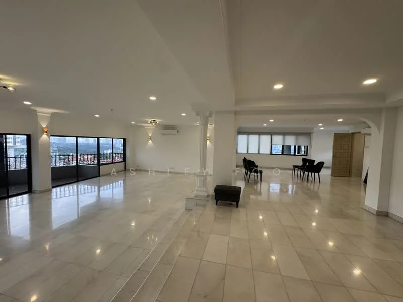 Room features: marble flooring, white painted walls, recessed downlights, floor-to-ceiling windows, city view, open layout, column features, air conditioning unit, multiple seating areas, natural light; style: modern; view: city.