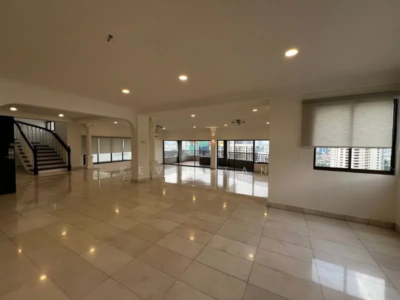 Living features: marble tile flooring, white painted walls, recessed downlights, floor-to-ceiling windows, city view, open layout, staircase visible, roller blinds; style: modern; view: city.