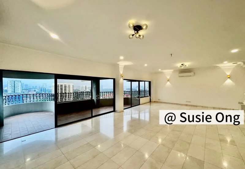 Living features: marble tile flooring, white painted walls, recessed downlights, 5-blade ceiling fan with light, floor-to-ceiling windows, sliding glass door, balcony access, city view; style: modern; view: city.