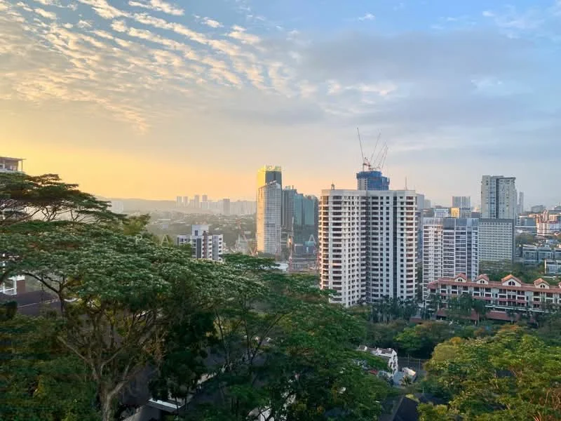 Exterior type: high-rise condominium; features: city skyline view, surrounded by greenery, modern glass facade buildings, construction cranes visible, varied building heights, sunset lighting, urban landscape; style: modern.