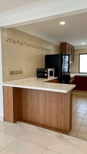 Kitchen features: white quartz countertop, wood cabinetry, stainless-steel refrigerator, built-in microwave, ceramic tile backsplash with decorative accents, recessed downlights, tile flooring, window with natural light; style: modern.