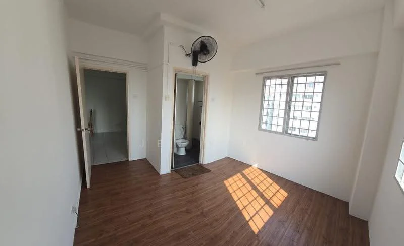 Room features: white painted walls, wooden flooring, 5-blade ceiling fan, floor-to-ceiling windows, door leading to bathroom, door leading to closet, natural light from windows, rug on floor.