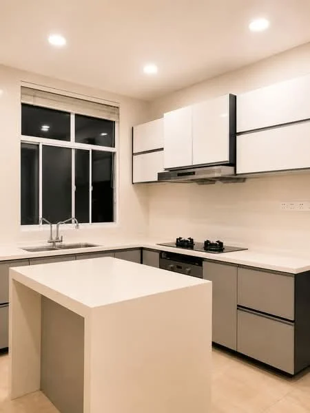 Kitchen features: white quartz countertop, grey cabinetry with flat-panel design, stainless-steel sink, chrome pull-down faucet, built-in gas hob, built-in oven, wall-mounted range hood, floor-to-ceiling window, recessed LED downlights, light-colored tiled flooring; style: modern.