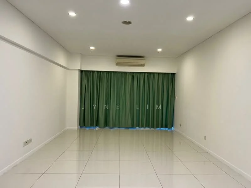 Living features: white painted walls, glossy tile flooring, recessed downlights, green curtains, air conditioning unit, floor-to-ceiling windows; style: modern.