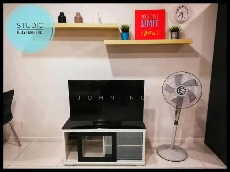 Room features: white walls, light-colored tile flooring, black TV console, flat-screen TV, wall-mounted shelf, decorative wall art, green potted plants, 5-blade ceiling fan, clock on wall, black dining chair; style: modern.