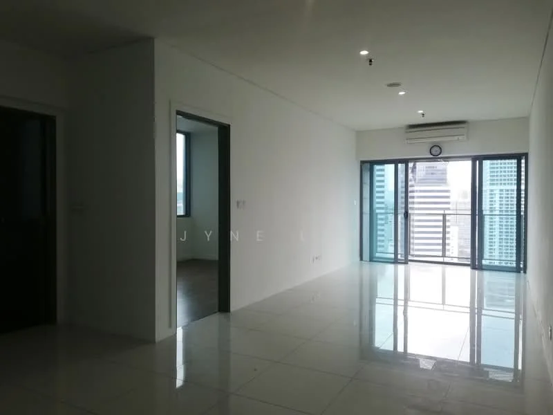 Living features: white painted walls, glossy ceramic tile flooring, floor-to-ceiling windows, sliding glass door, air conditioning unit, recessed downlights, open layout, city view; style: modern; view: city. Room features: white painted walls, glossy ceramic tile flooring.