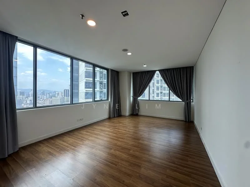 Living features: floor-to-ceiling windows, grey curtains, wooden flooring, recessed downlights, 2 ceiling-mounted spotlights, neutral painted walls, city skyline view; style: modern; view: city.