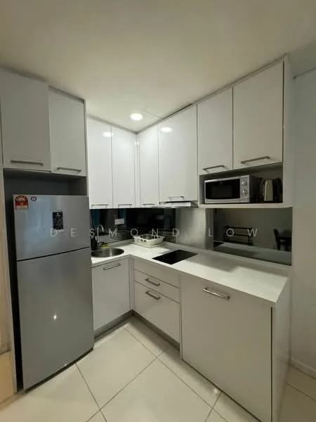 Kitchen features: white cabinetry with sleek handles, stainless-steel fridge, built-in microwave, black countertop, single-bowl stainless-steel sink, chrome pull-down faucet, ceramic tile flooring, recessed LED downlights, black backsplash, integrated stove, open shelving, wall-mounted cabinets; style: modern.