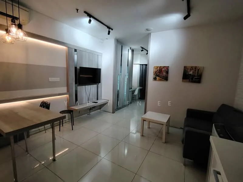 Living features: white painted walls, glossy tile flooring, sofa in grey, coffee table, dining table with chairs, wall-mounted TV, recessed lighting, air conditioning unit, decorative artwork, open layout; style: modern. Room features: grey accent wall, glass partition, light fixture.