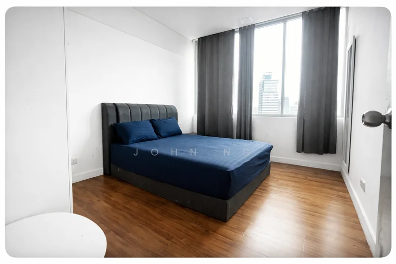 Bedroom features: king-size bed with upholstered headboard, blue bedding, wooden flooring, floor-to-ceiling windows, grey curtains, white painted walls, round side table, city view; style: modern; view: city.