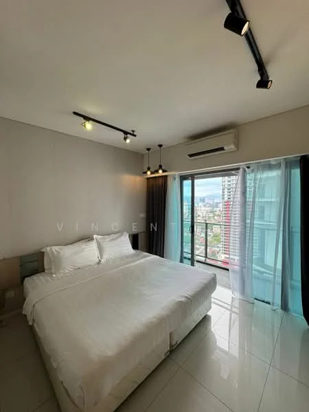 Bedroom features: king-size bed with white bedding, floor-to-ceiling windows, curtains, white painted walls, recessed downlights, track lighting, air conditioning unit, glossy tile flooring, city view; style: modern; view: city.