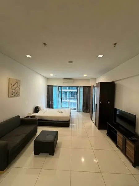 Room features: white painted walls, glossy tile flooring, floor-to-ceiling windows, grey curtains, black fabric sofa, black ottoman, wooden TV console, wall-mounted TV, air conditioning unit, queen-size bed, bedside table, decorative wall art, recessed downlights; style: modern; view: city.