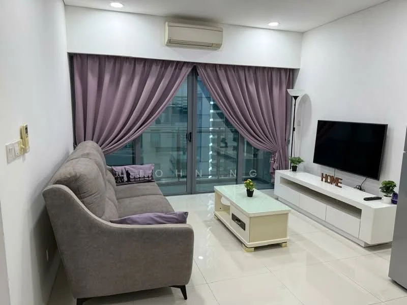 Living features: grey fabric 3-seater sofa, white coffee table, white TV console, wall-mounted flat-screen TV, floor-to-ceiling windows, sheer curtains in purple, air conditioning unit, decorative plants, decorative 'HOME' sign, glossy tile flooring, recessed downlights, neutral painted walls; style: modern.