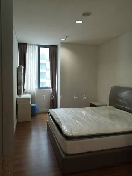 Bedroom features: wooden flooring, white painted walls, floor-to-ceiling window, sheer curtains, queen-size bed, upholstered headboard, nightstand, dressing table, built-in wardrobe; style: modern.