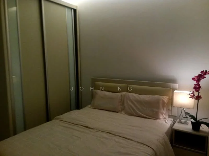 Bedroom features: king-size bed with upholstered headboard, white bedding, nightstand with lamp, framed artwork on wall, built-in wardrobe with sliding doors, decorative plant on nightstand, soft lighting, neutral wall color; style: modern.