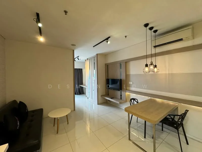 Living features: white painted walls, glossy tile flooring, recessed downlights, 3-bulb pendant light, wall-mounted TV, TV console, sofa with black upholstery, dining table with wooden top, black dining chairs, air conditioning unit; style: modern.