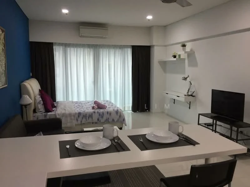 Living features: queen-size bed with upholstered headboard, white bedding with blue floral pattern, 2-seater fabric sofa in grey, coffee table, wall-mounted TV, study desk with lamp, open shelving unit, floor-to-ceiling windows with sheer curtains, air conditioning unit, recessed downlights, dining table for 2 with tableware; style: modern.