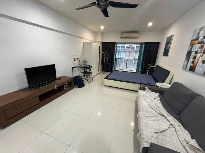 Living features: white painted walls, polished tile flooring, 5-blade ceiling fan with light, sofa in grey, coffee table, TV console, wall-mounted TV, bed in unmade state, blackout curtains, air conditioning unit, decorative artwork on wall; style: modern.